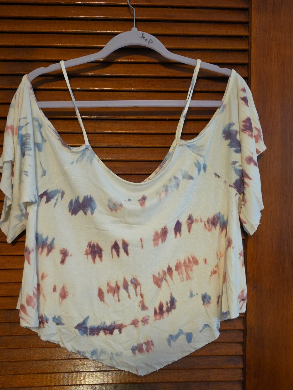 Tie-Dye Cold Shoulder Women’s Top in Cream with Blue & Brown Accents